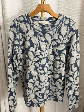 LOFT Blue and Cream Floral Crewneck Sweater, medium